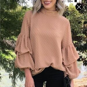 Tan Ruffle Sleeve Swiss Dot Blouse